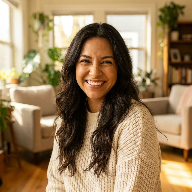 Erika smiling in her living room