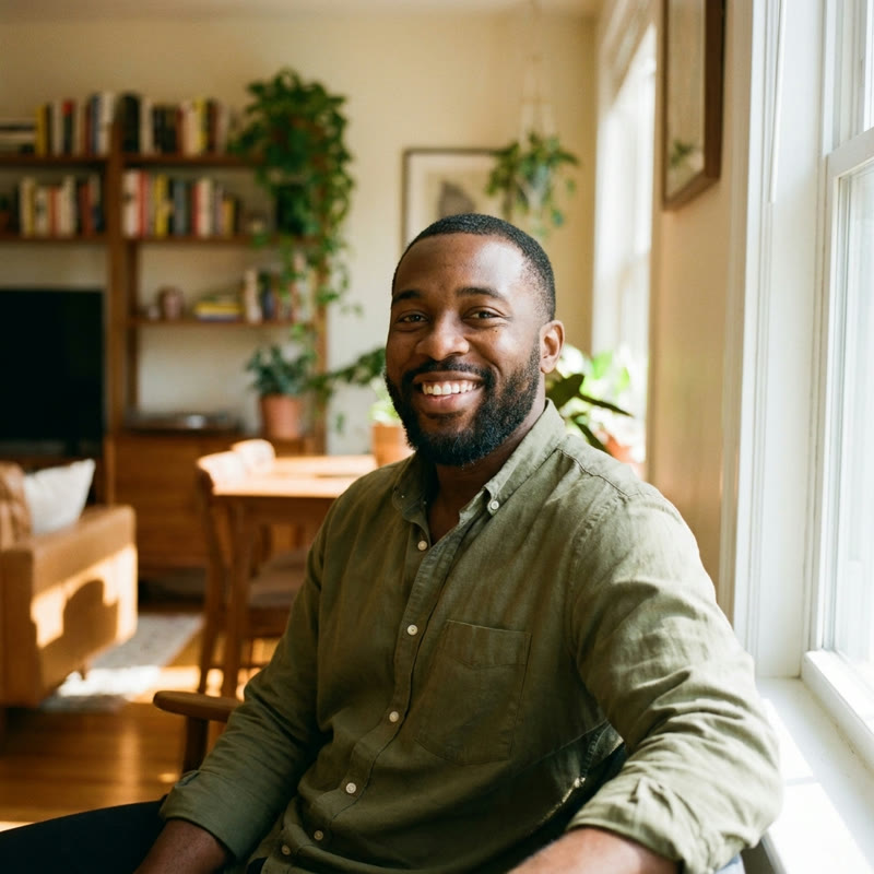 Marcus smiling at home